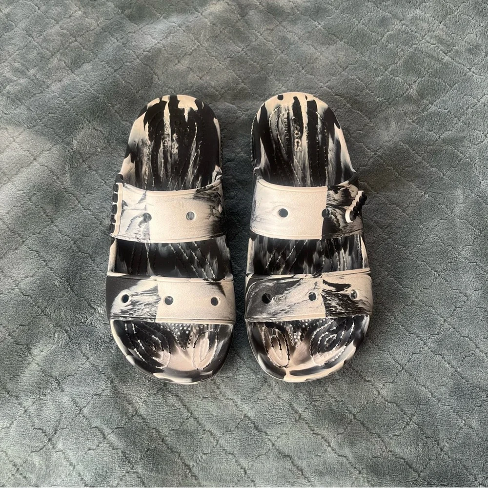 Crocs Marbled Sandal Black White Marble Slides Mens 7 Womens 9 206761-001‎